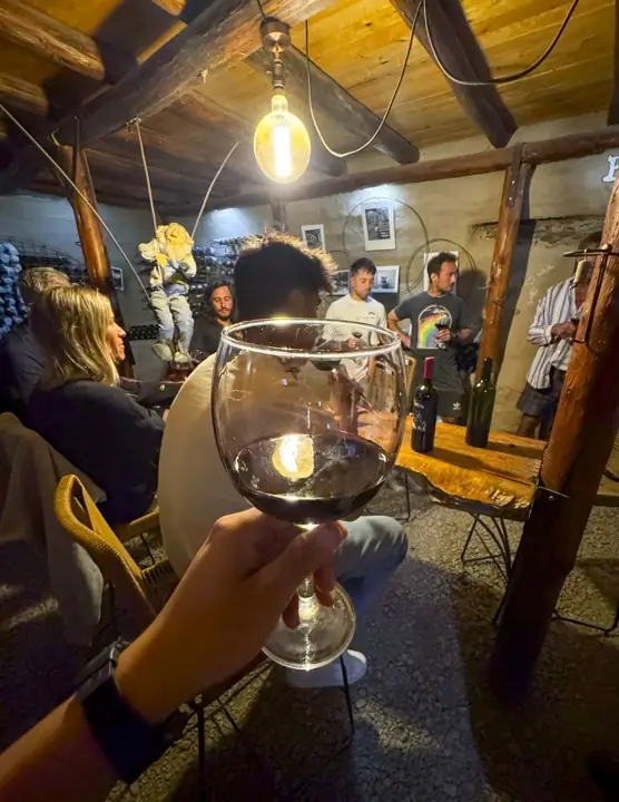 Brindis con copa de vino durante la noche
